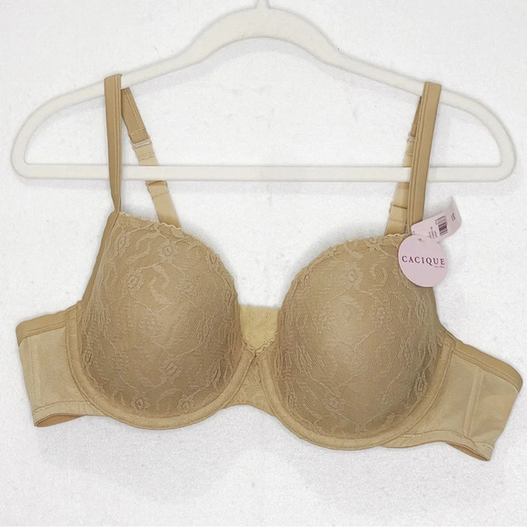 Cacique Lace T-Shirt Bra 44B Cream Tan Beige Lightly Lined Convertible Straps - Picture 1 of 7
